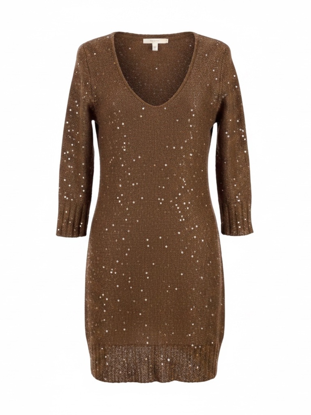 Studio M Brown Sequin V-Neck 3/4 Sleeve Holiday Party Sweater Dress Women’s